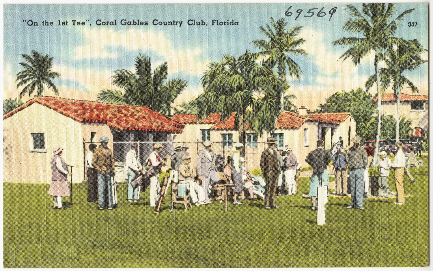 A group of people gathered on the first tee of a golf course at Coral Gables Country Club, Florida.