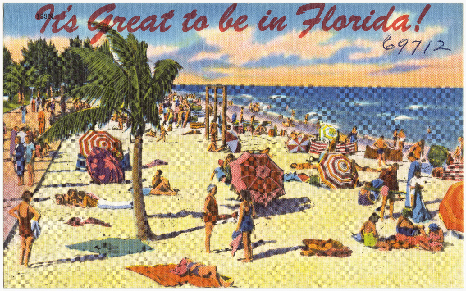 A vibrant beach scene in Florida with people enjoying the sun and sea.