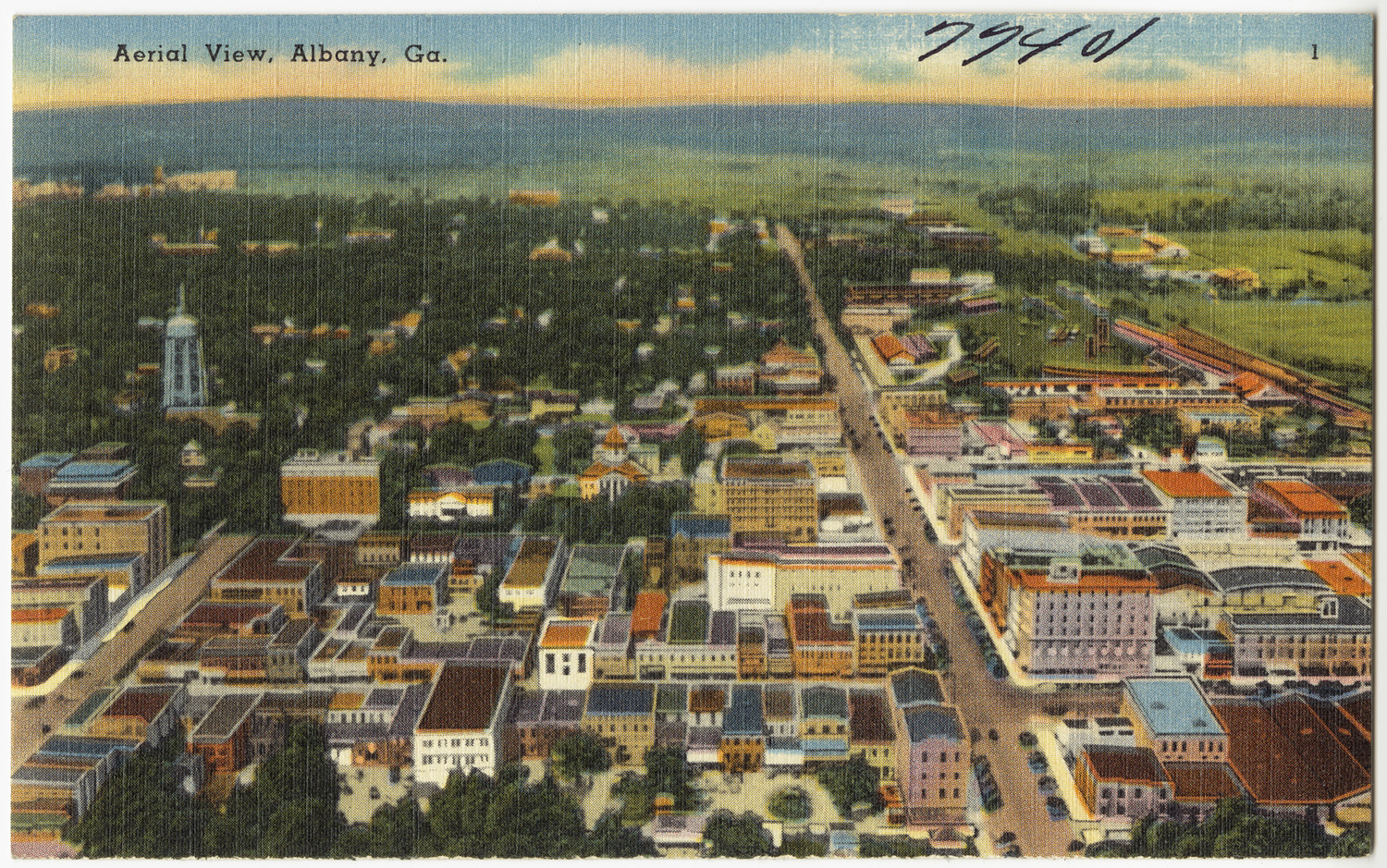 A vintage aerial view of Albany, Georgia, showcasing its urban layout and architecture.