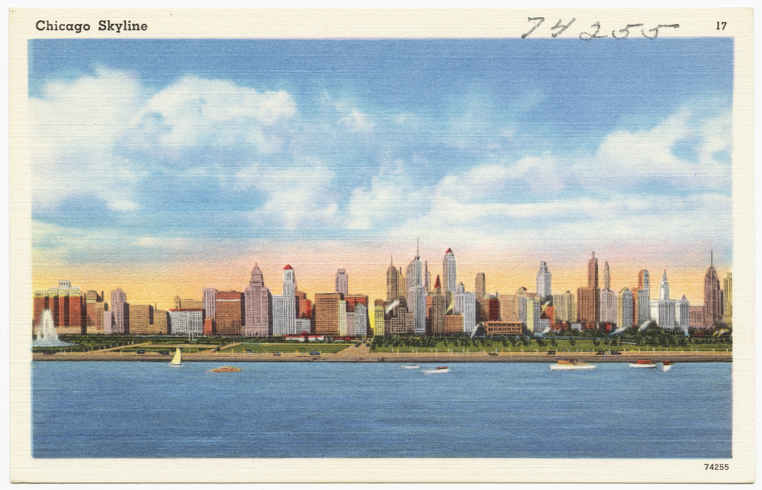 A vintage postcard depicting the Chicago skyline with a view of Lake Michigan in the foreground.